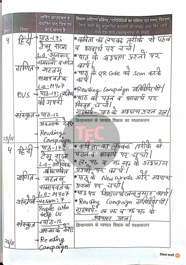 शिक्षक डायरी कक्षा 4