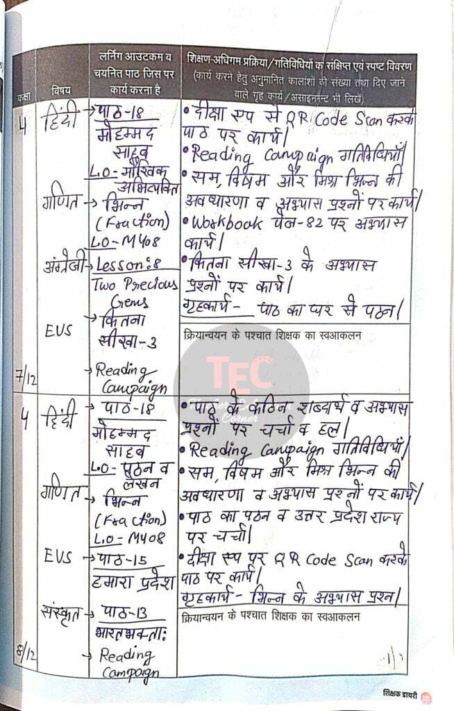 शिक्षक डायरी कक्षा 4