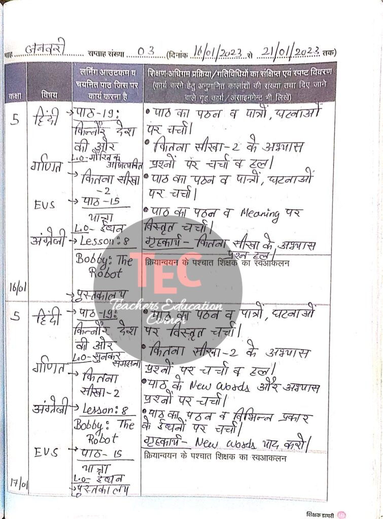 class 5 shikshak diary january