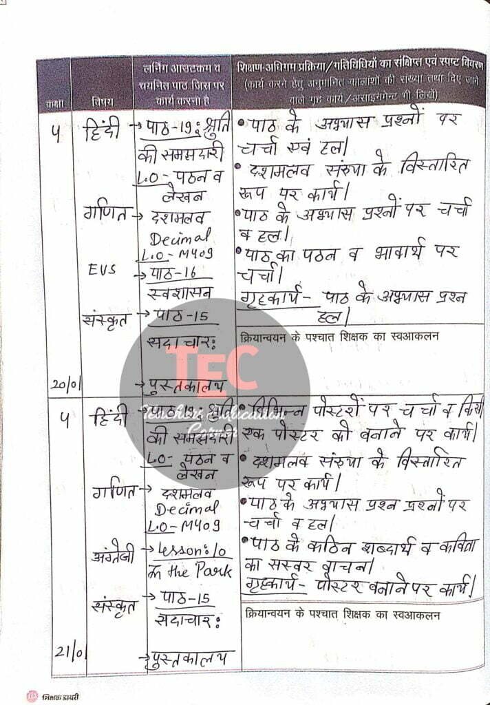 class 4 shikshak diary january