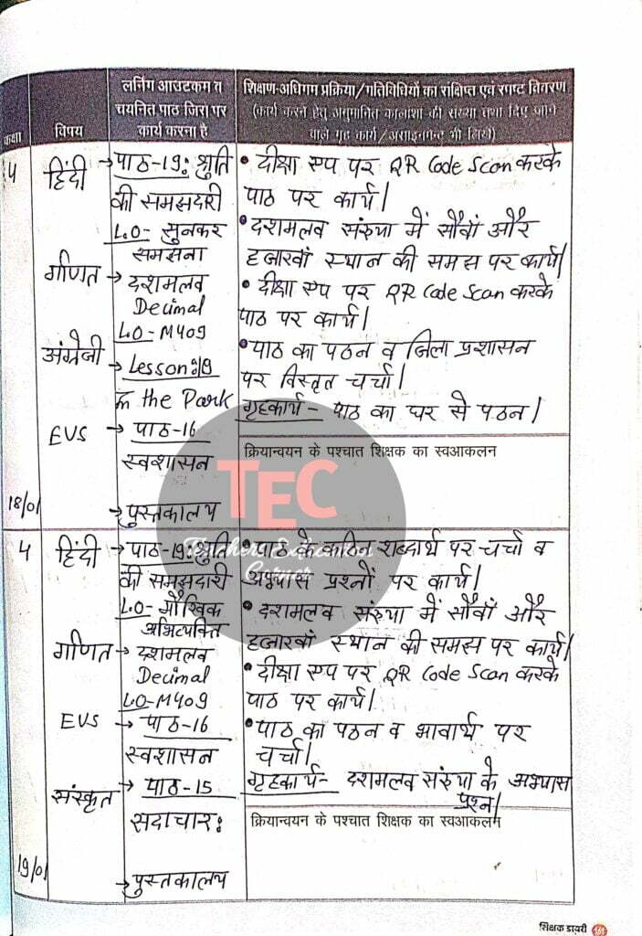 class 4 shikshak diary january