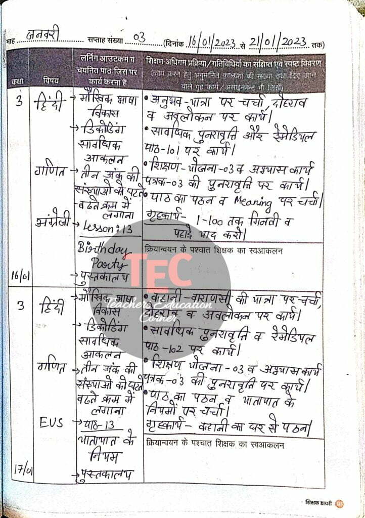 class 3 shikshak diary january
