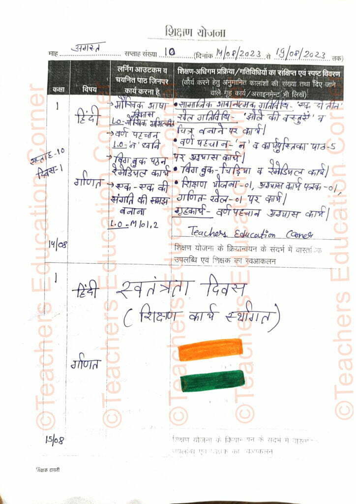 Shikshak diary class 1 pdf 14 to 15 august 2023
