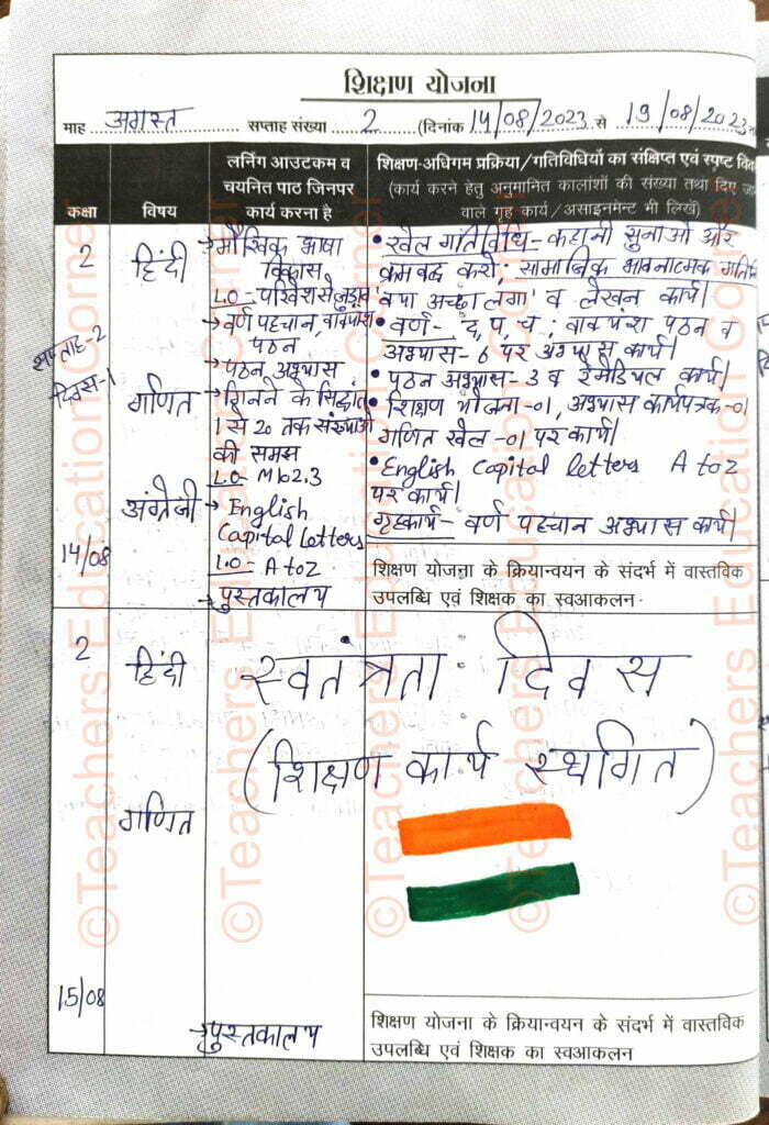 Shikshak diary class 2 pdf 14 to 15 august 2023