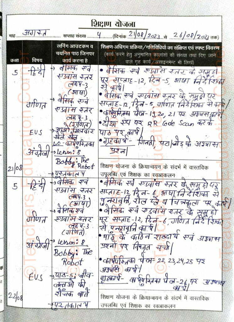 Shikshak diary class 5 pdf 21 to 22 August 2023