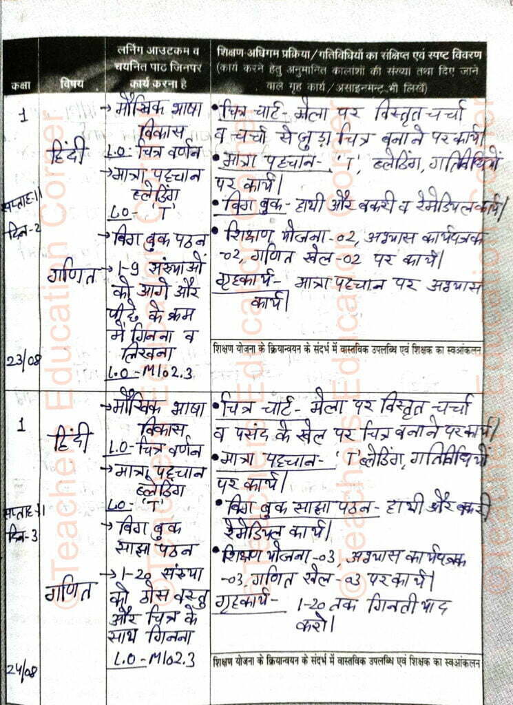 Shikshak diary class 1 pdf 23 to 24 august 2023