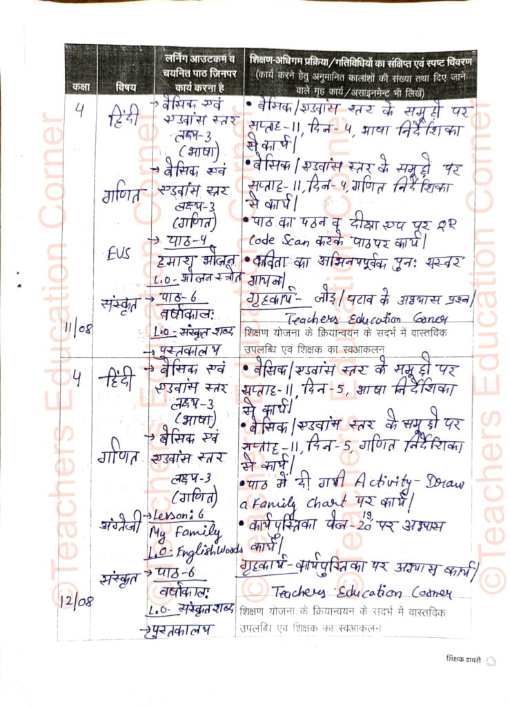 Shikshak diary class 4 pdf 11 to 12 august 2023