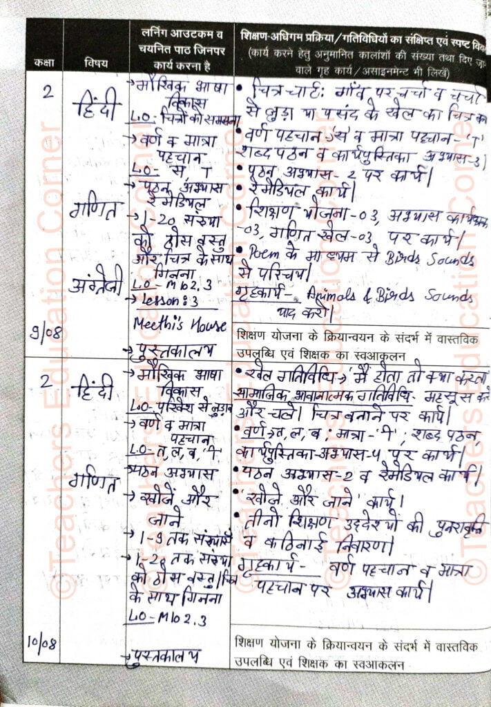 Shikshak diary class 2 pdf 9 to 10 august 2023