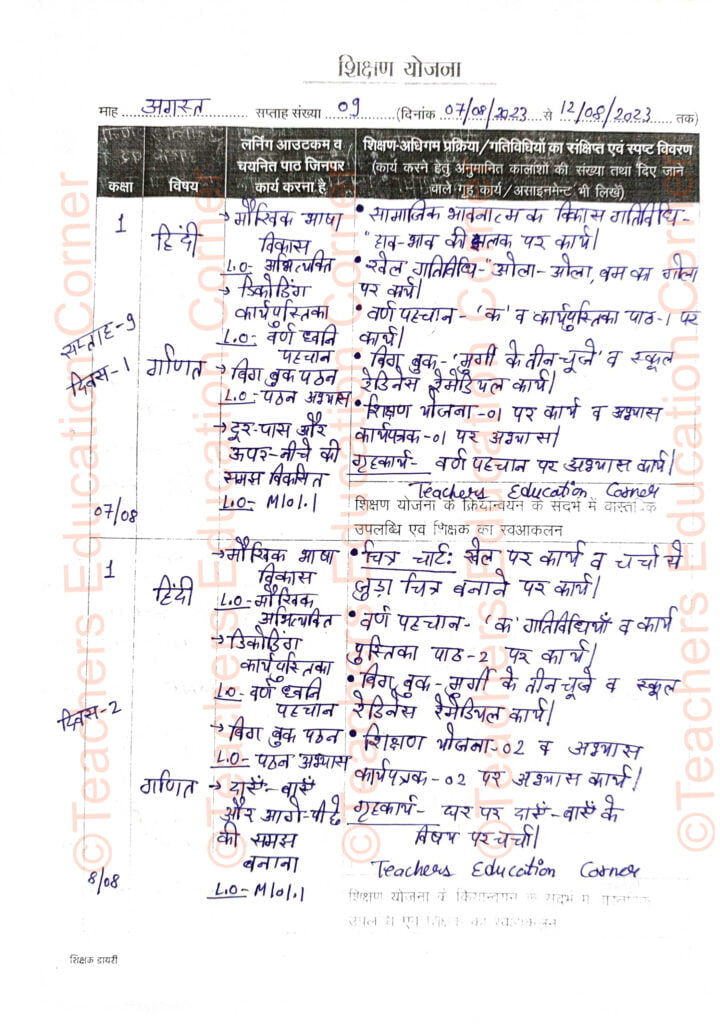 Shikshak diary class 1 pdf 7 to 8 august 2023