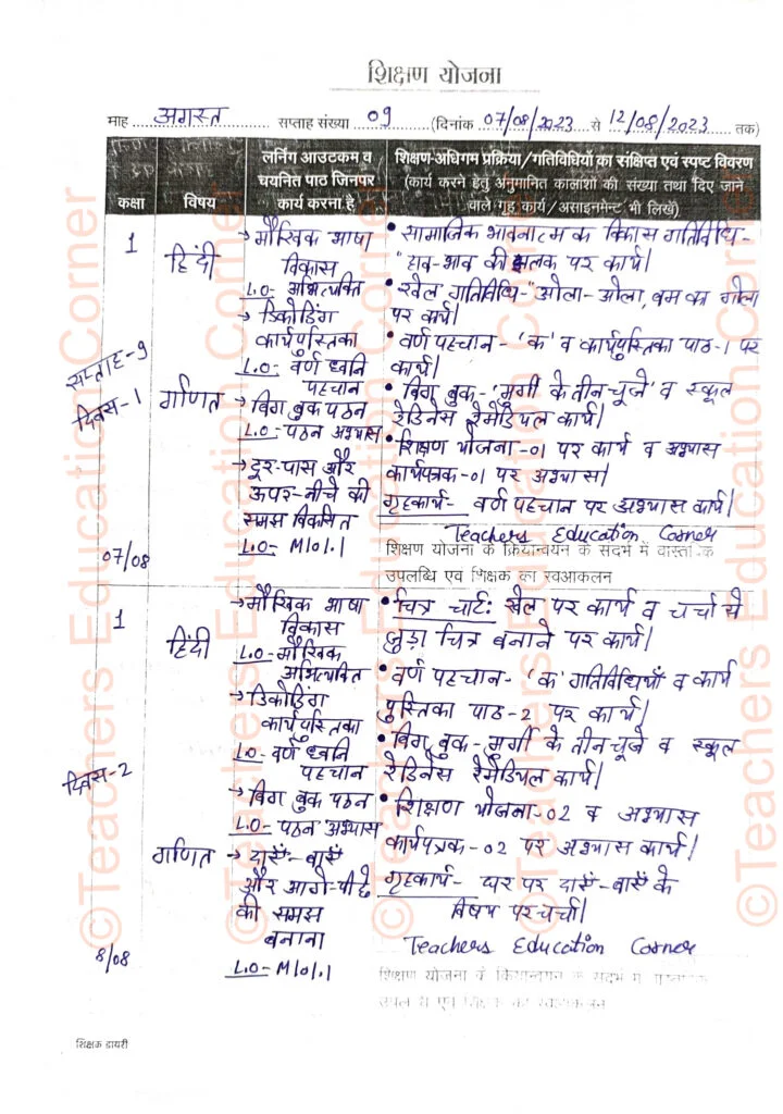 Shikshak diary class 1 pdf 7 to 8 august 2023