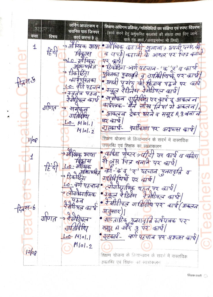 Shikshak diary class 1 pdf 11 to 12 august 2023
