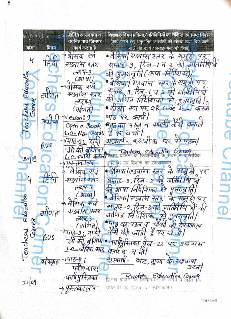 Shikshak diary class 4 pdf 20 to 21 September 2023