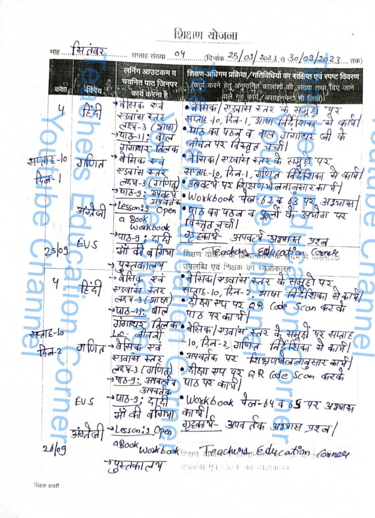 Shikshak diary class 4 pdf 25 to 26 September 2023