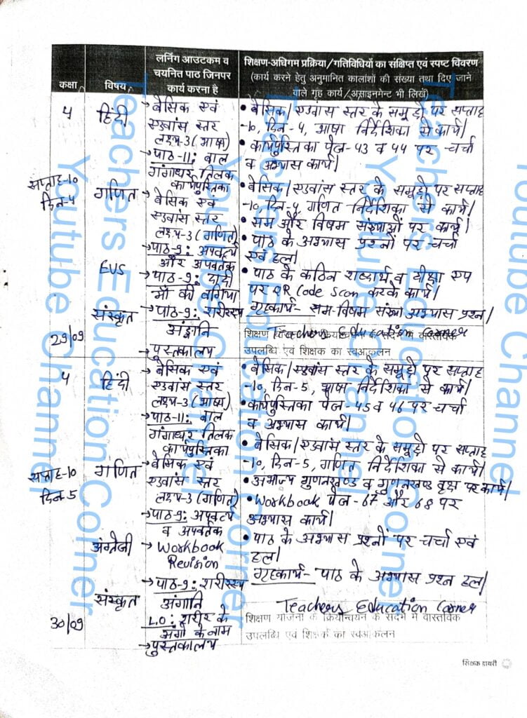 Shikshak diary class 4 pdf 29 to 30 September 2023
