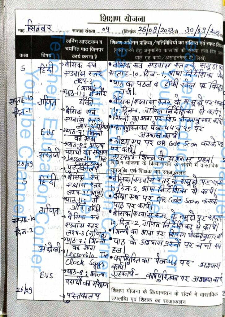 Shikshak diary class 5 pdf 25 to 26 September 2023
