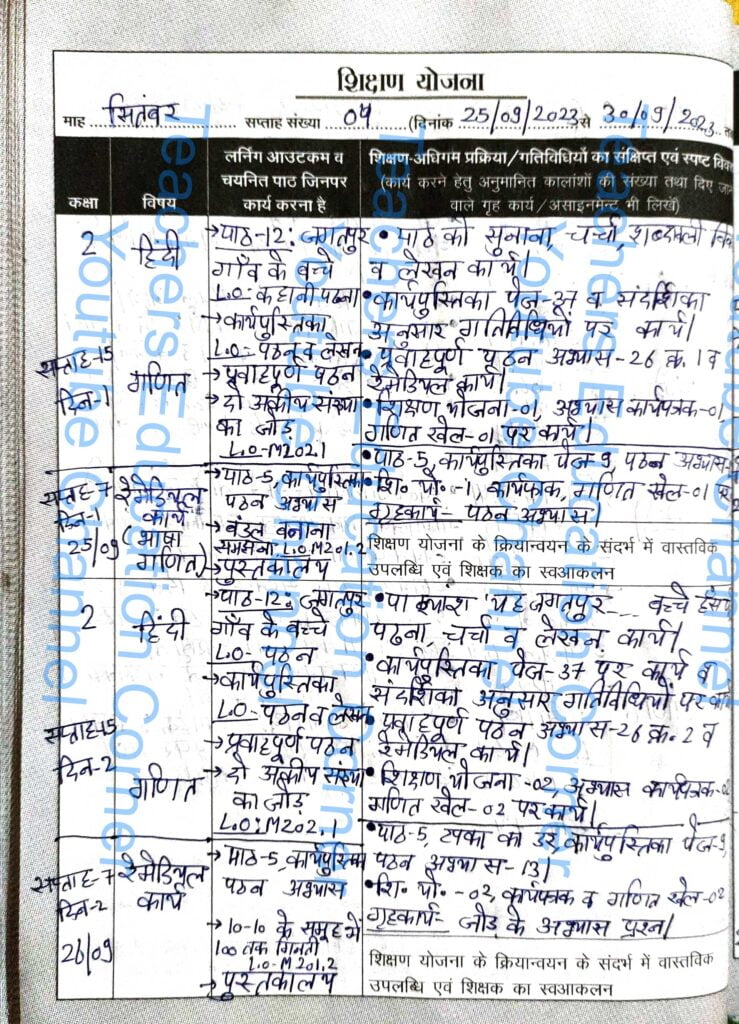 Shikshak diary class 2 pdf 25 to 26 September 2023