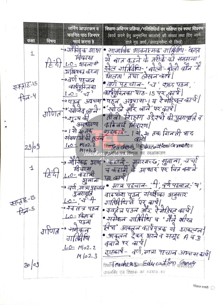 Shikshak diary class 1 pdf 29 to 30 september 2023