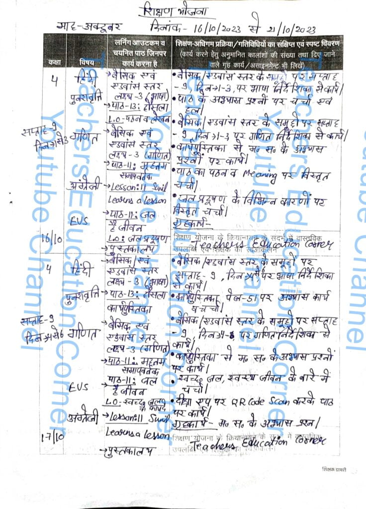 Shikshak diary class 4 pdf 16 to 17 October 2023