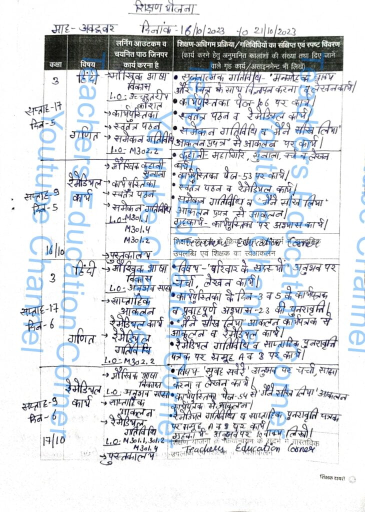 Shikshak diary class 3 pdf 16 to 17 October 2023