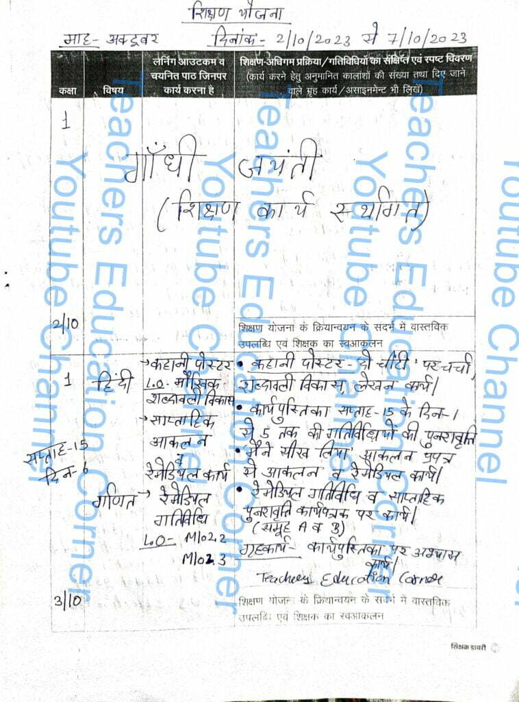 Shikshak diary class 1 pdf 2 to 3 October 2023