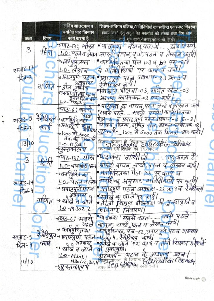 Shikshak diary class 3 pdf 13 to 14 October 2023