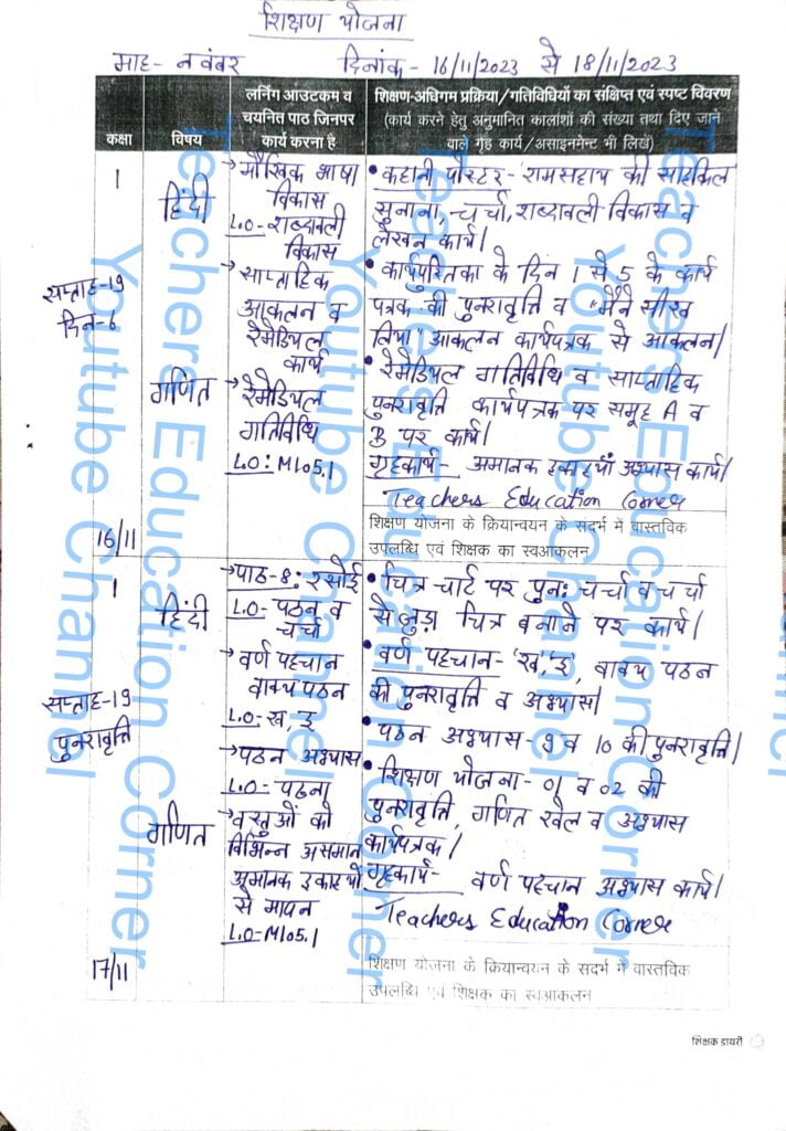 Shikshak diary class 1 pdf 16 to 17 November 2023