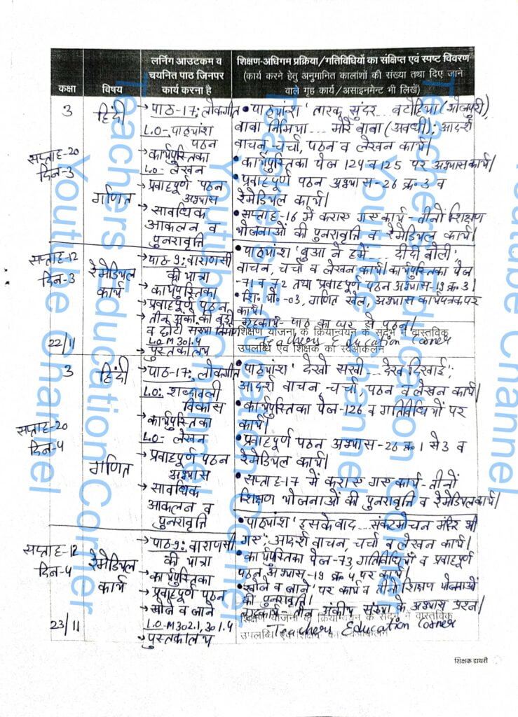 Shikshak diary class 3 pdf 22 to 23 November 2023