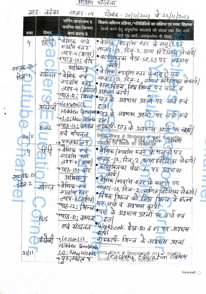 Shikshak diary class 4 pdf 20 to 21 November 2023