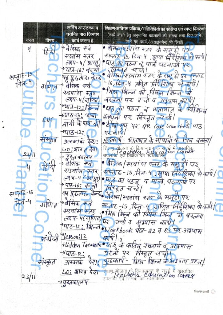 Shikshak diary class 4 pdf 22 to 23 November 2023