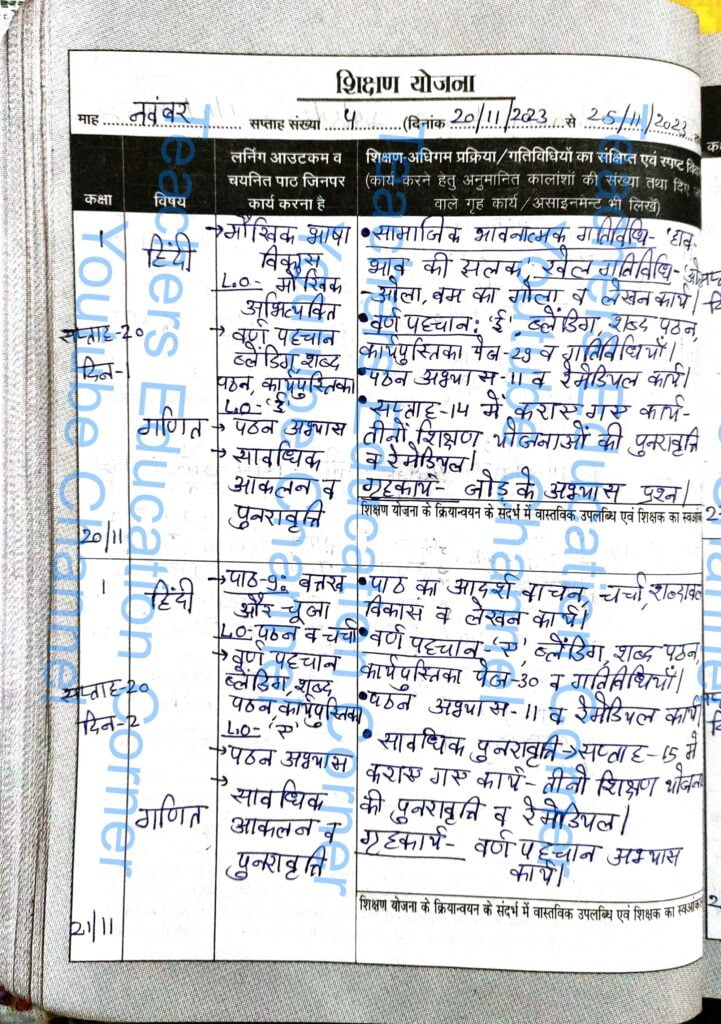 Shikshak diary class 1 pdf 20 to 21 November 2023