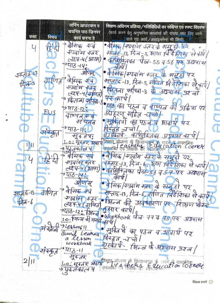 Shikshak diary class 4 pdf 1 to 2 November 2023